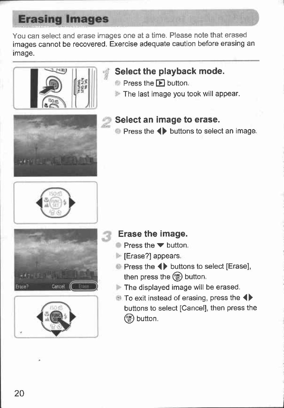 Select the playback mode, Select an image to erase, Erase the image | Erasing images | Canon A480 User Manual | Page 20 / 36