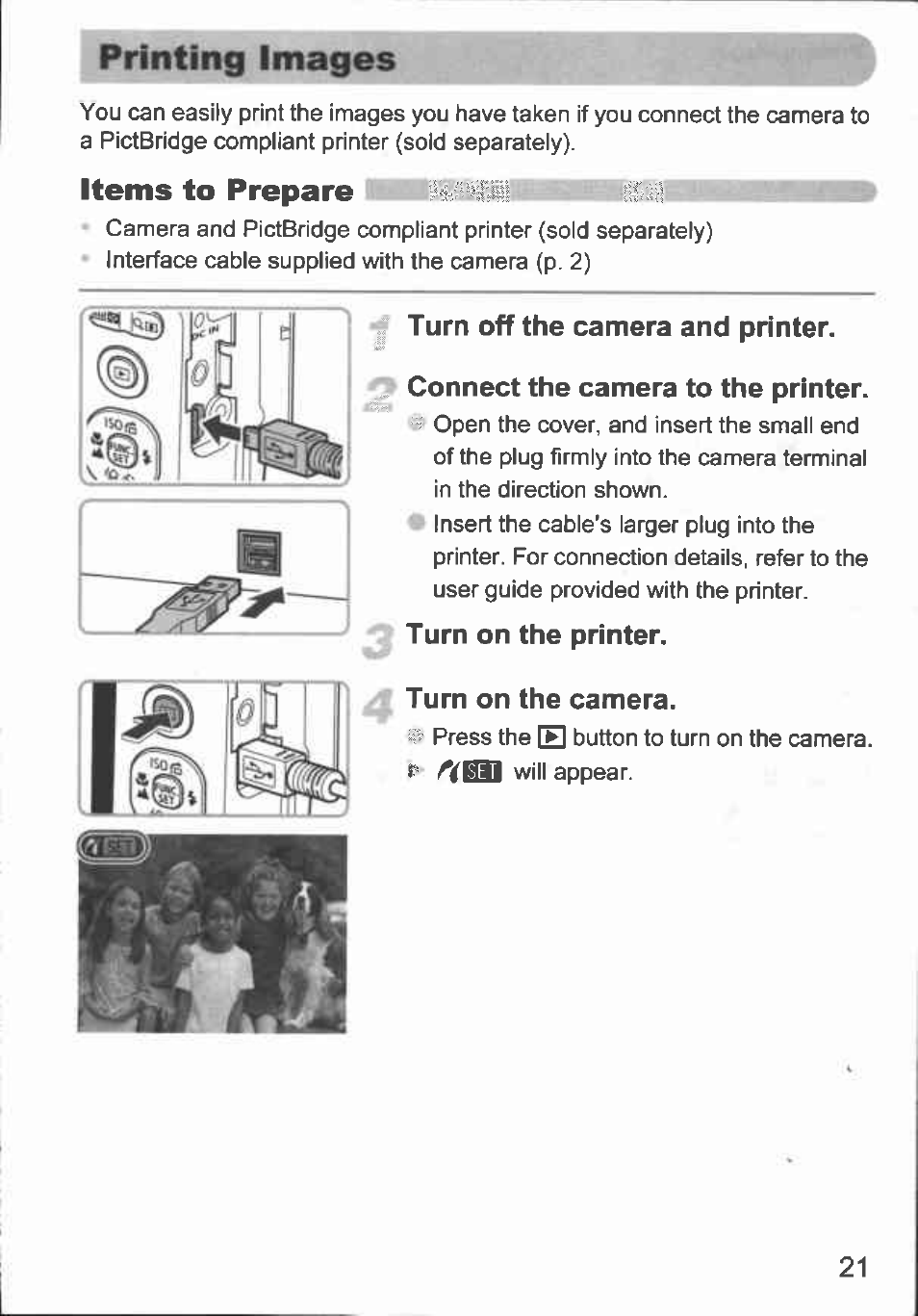 I turn on the printer. turn on the camera, Printing images, Items to prepare liisgiiin | Canon A480 User Manual | Page 21 / 36