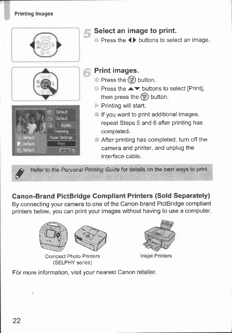 Select an image to print, Print images | Canon A480 User Manual | Page 22 / 36