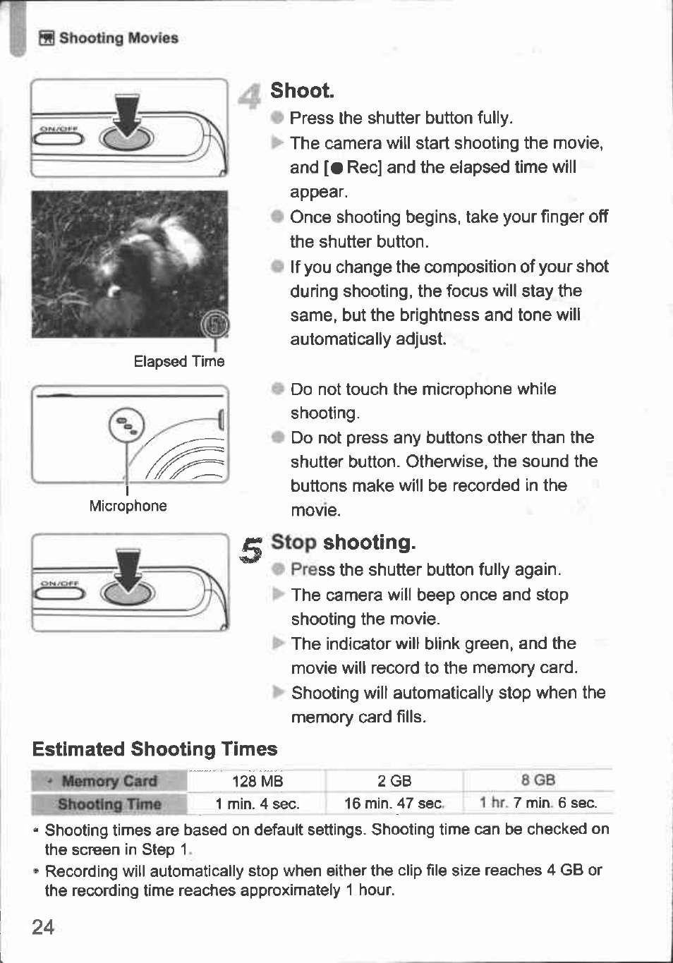 Shoot, 2 stop shooting, Estimated shooting times | Canon A480 User Manual | Page 24 / 36