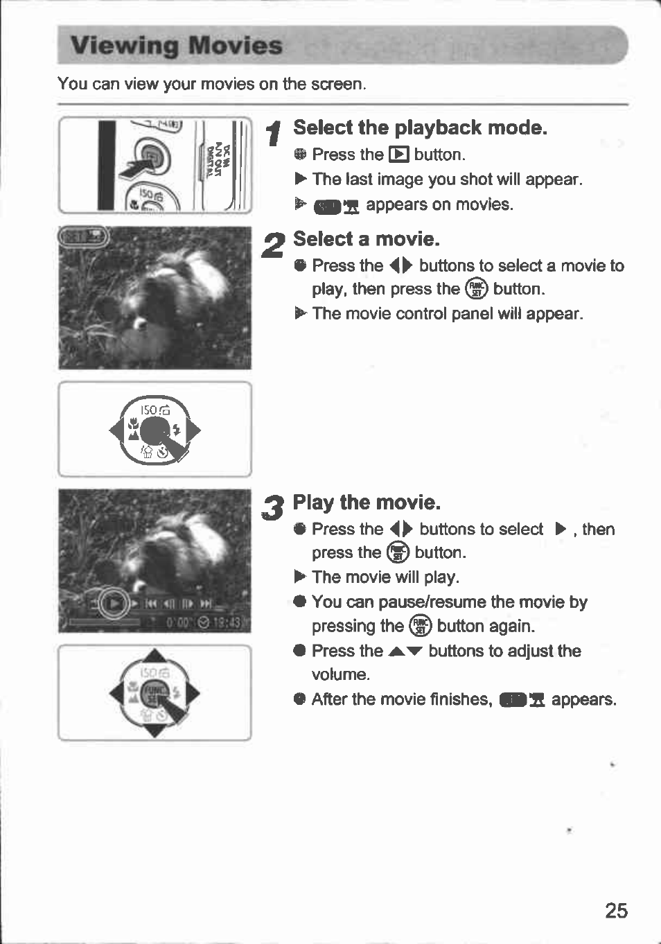 Viewing movies, Lii) if 1 j, Select the playback mode | Select a movie, Play the movie | Canon A480 User Manual | Page 25 / 36