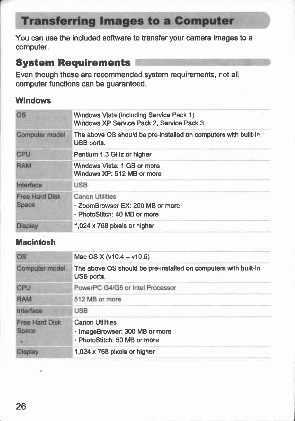 Transferring images to a computer, System requirements, Windows | Macintosh | Canon A480 User Manual | Page 26 / 36