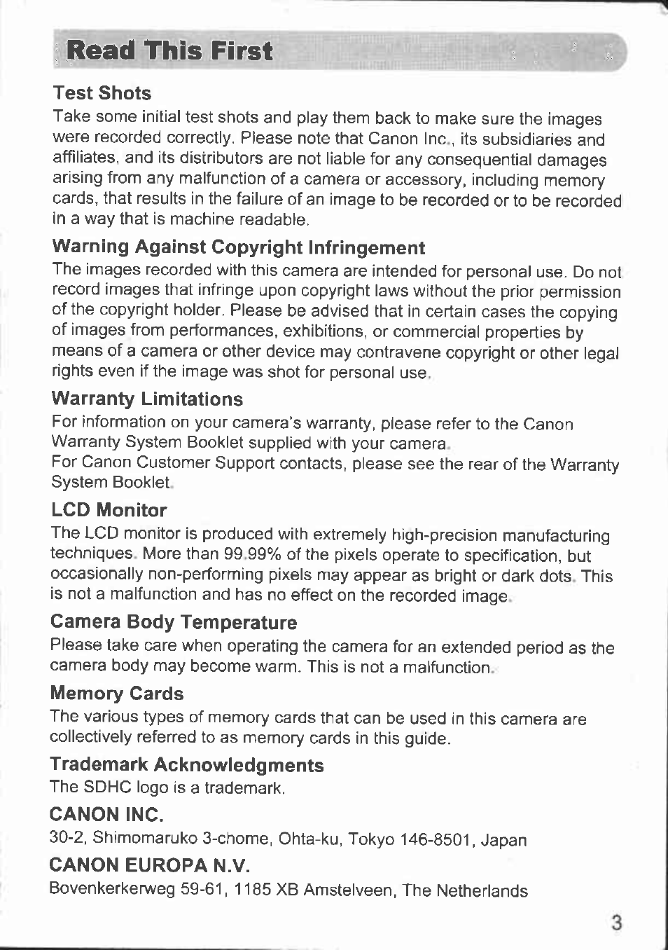 Read this first, Test shots, Warning against copyright infringement | Warranty limitations, Lcd monitor, Camera body temperature, Trademark acknowledgments, Canon inc, Canon europa n.v | Canon A480 User Manual | Page 3 / 36