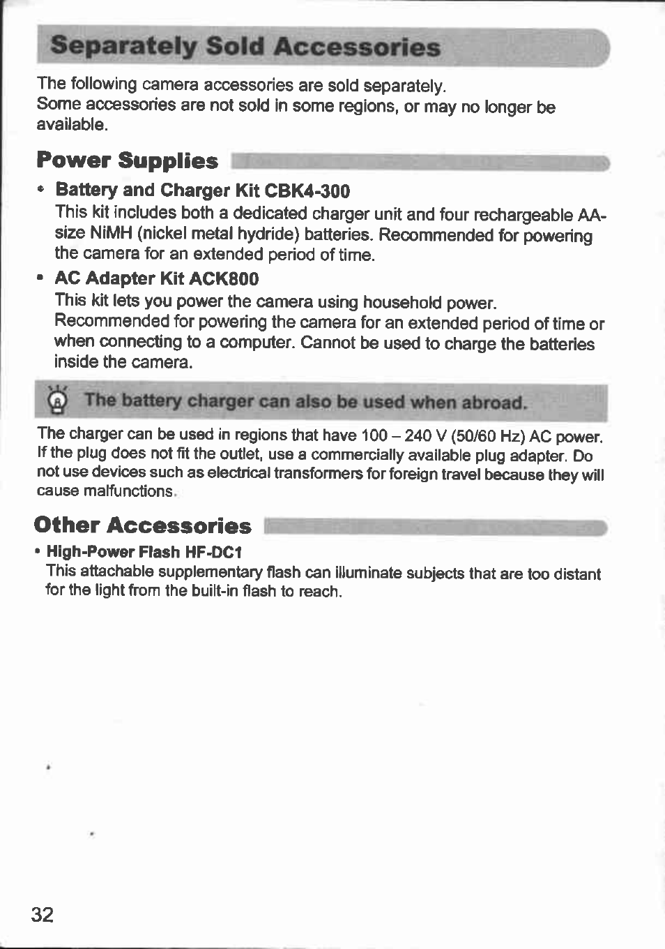 Separately sold accessories, Power supplies i_______ _ _ _ j, Other accessories | Canon A480 User Manual | Page 32 / 36