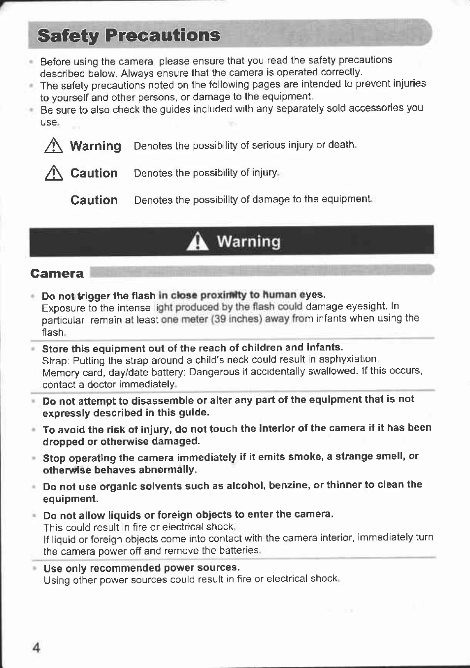 A warning, Safety precautions, Warning | Caution | Canon A480 User Manual | Page 4 / 36