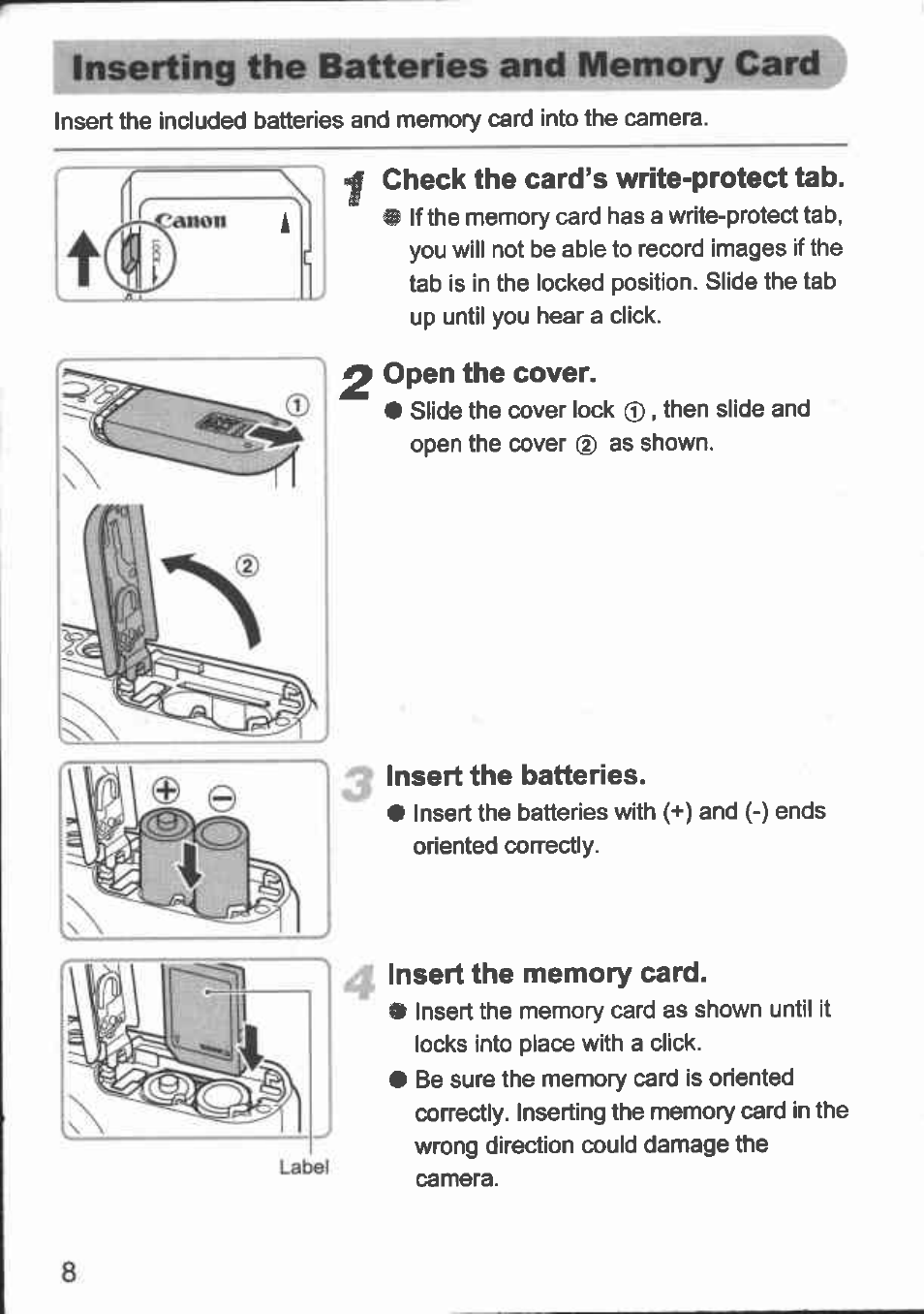 Inserting the batteries and memory card, Check the card’s write-protect tab, 2 open the cover | Insert the batteries | Canon A480 User Manual | Page 8 / 36