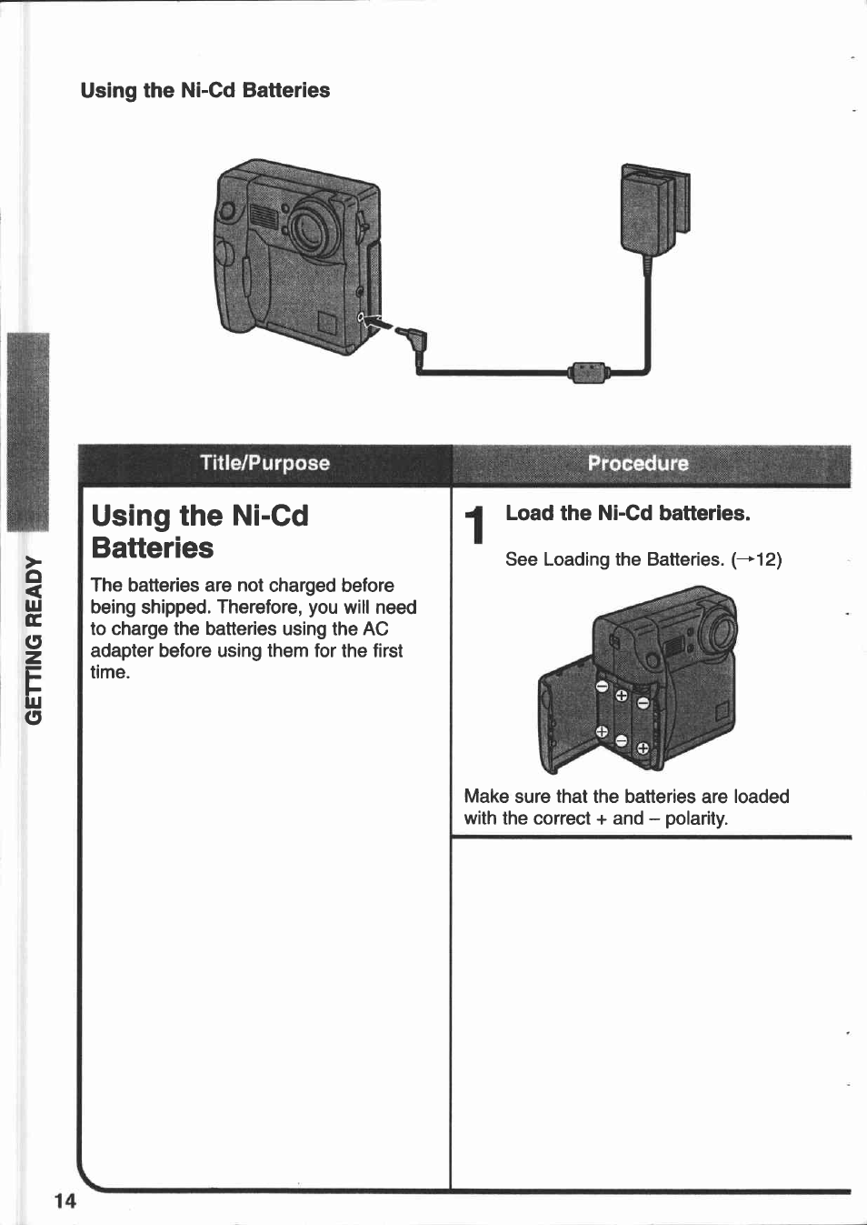 Using the ni-cd batteries | Canon PowerShot 350 User Manual | Page 14 / 52