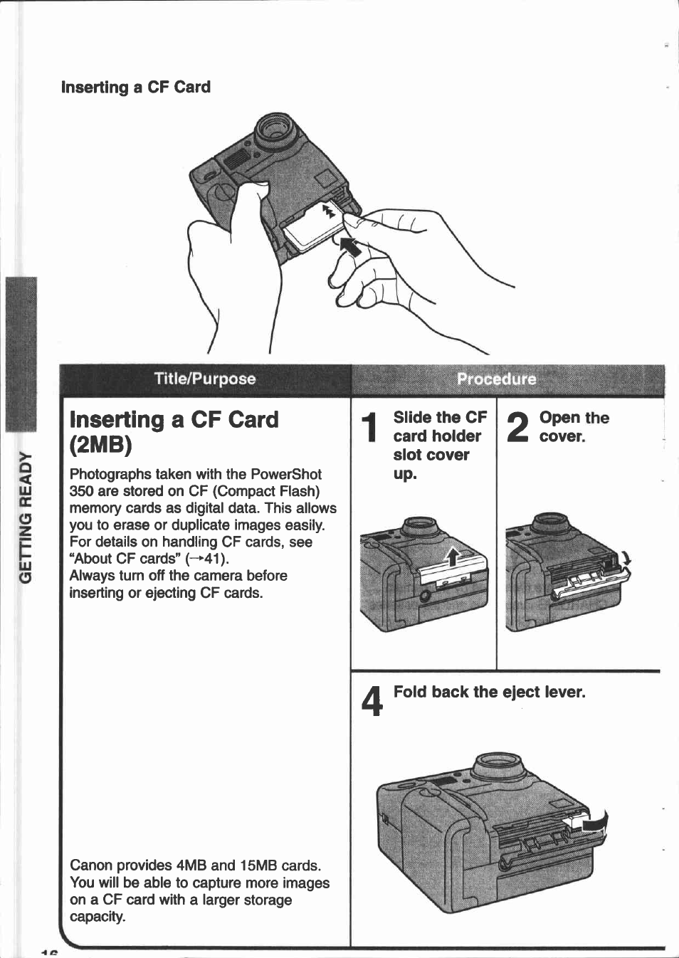 Inserting a cf card (2mb) | Canon PowerShot 350 User Manual | Page 16 / 52