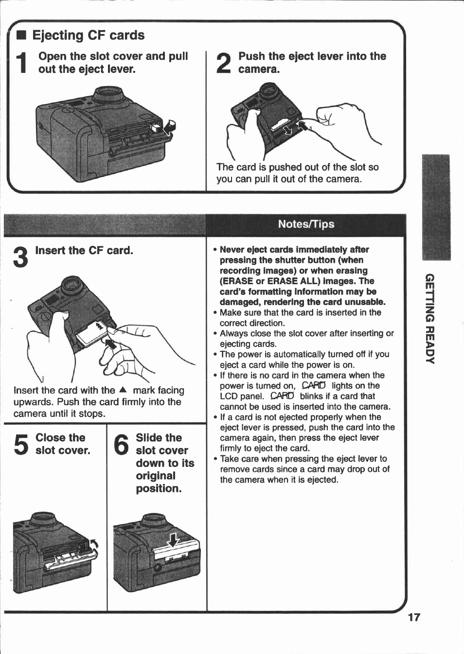 Ejecting cf cards | Canon PowerShot 350 User Manual | Page 17 / 52