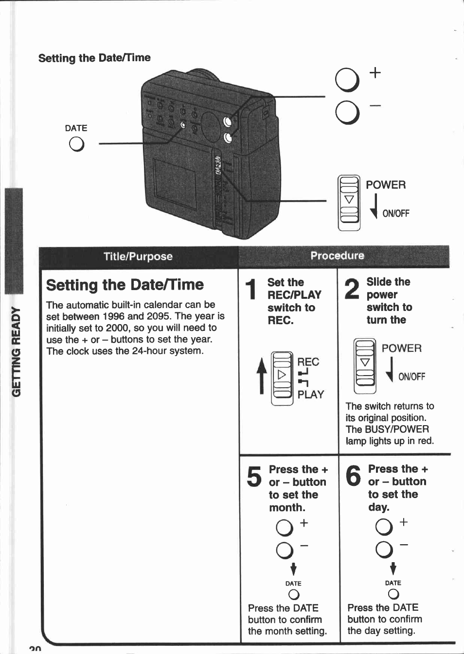 Setting the date/time | Canon PowerShot 350 User Manual | Page 20 / 52