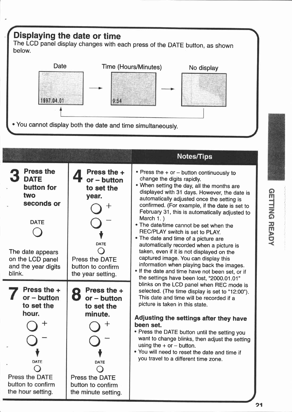 Displaying the date or time | Canon PowerShot 350 User Manual | Page 21 / 52
