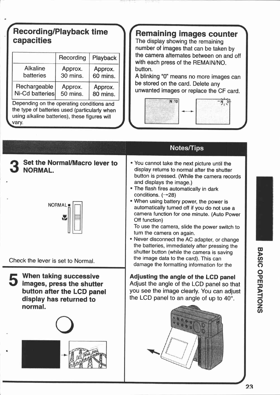 Recording/playback time capacities, Remaining images counter | Canon PowerShot 350 User Manual | Page 23 / 52