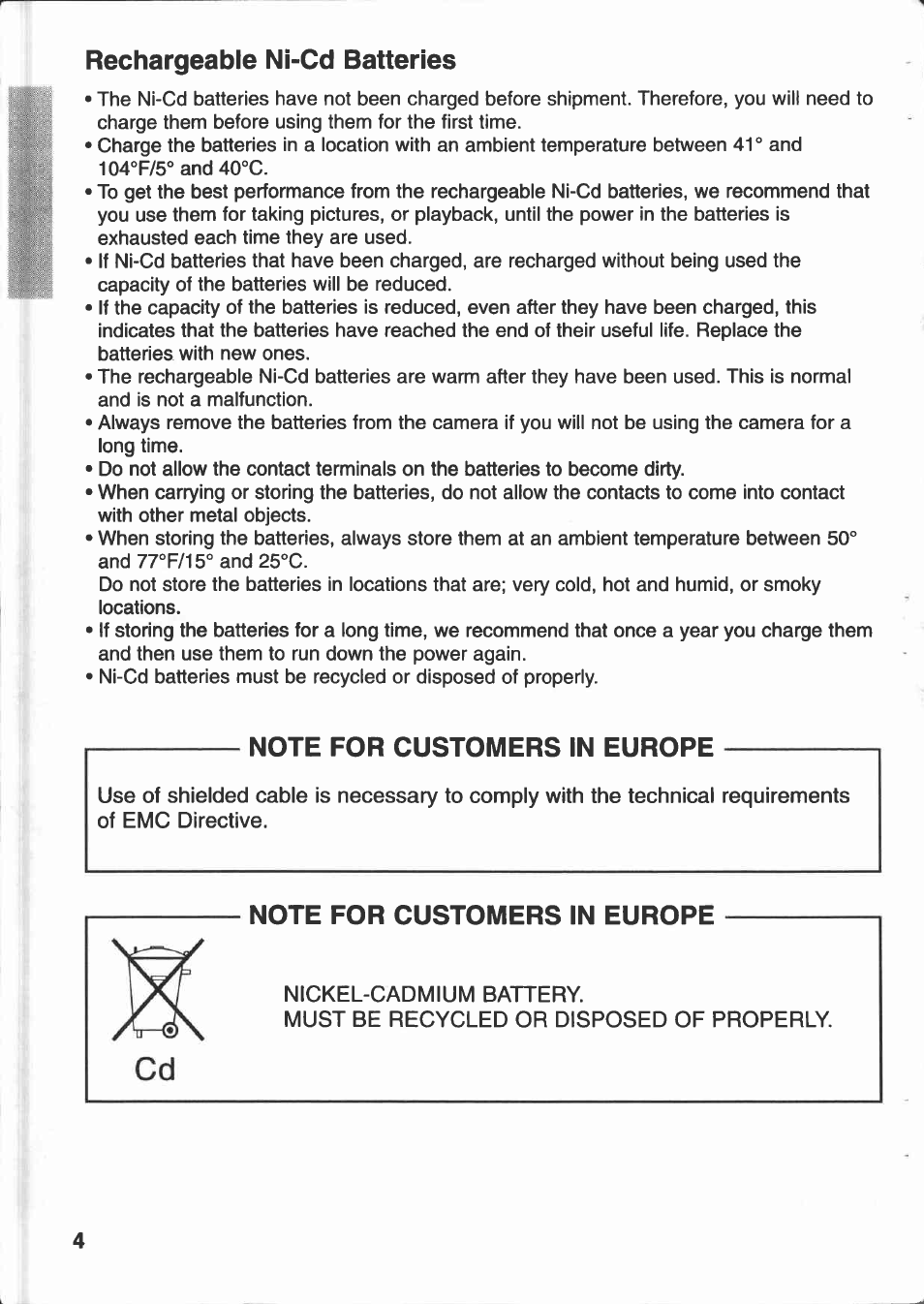 Rechargeable ni-cd batteries, Note for customers in europe | Canon PowerShot 350 User Manual | Page 4 / 52