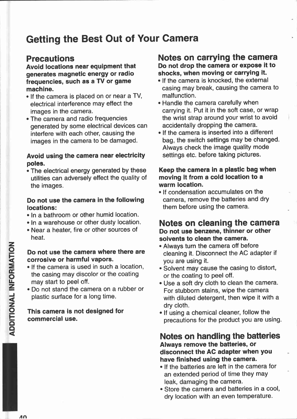 Precautions, Notes on carrying the camera, Notes on cleaning the camera | Notes on handling the batteries, Getting the best out of your camera, Qc o | Canon PowerShot 350 User Manual | Page 40 / 52