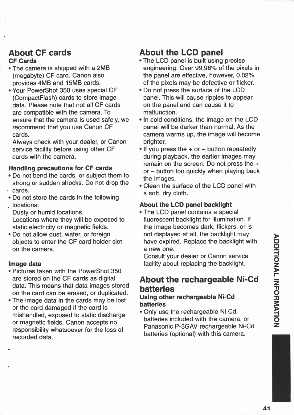 About cf cards, About the lcd panel, About the rechargeable ni-cd batteries | Canon PowerShot 350 User Manual | Page 41 / 52