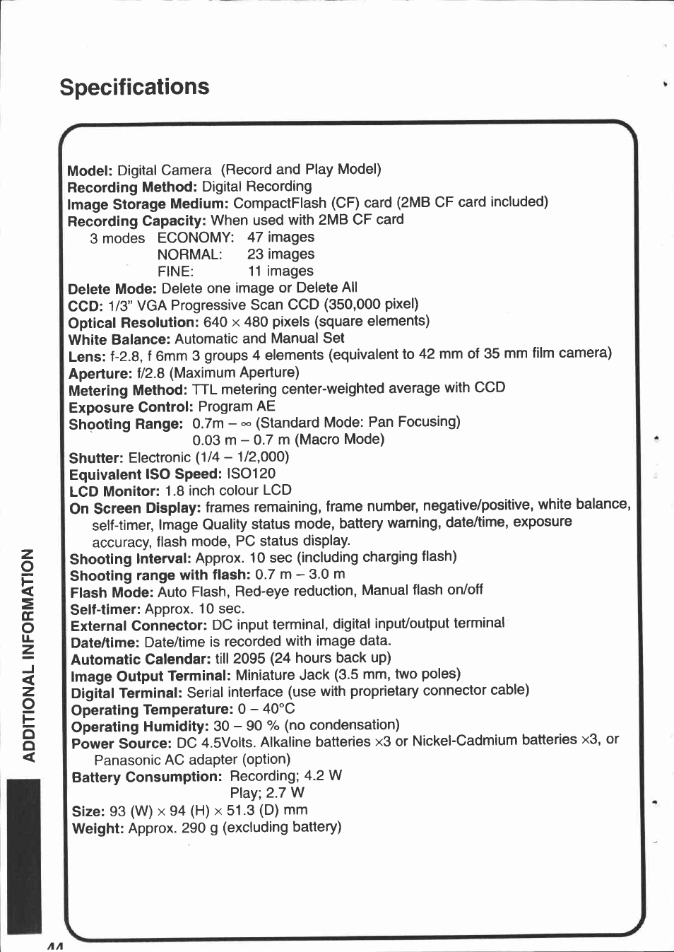 Specifications ¡5 | Canon PowerShot 350 User Manual | Page 43 / 52