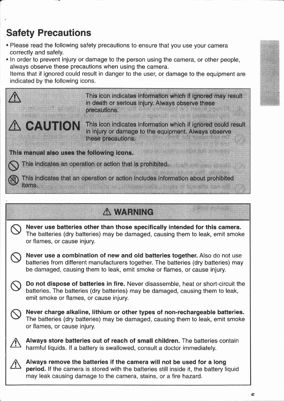 Safety precautions | Canon PowerShot 350 User Manual | Page 5 / 52