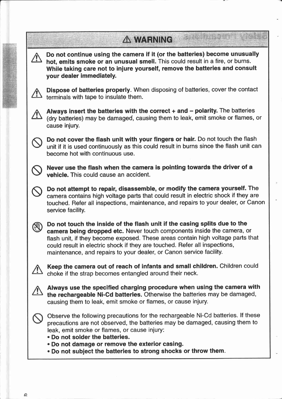 A warning, Warning | Canon PowerShot 350 User Manual | Page 6 / 52