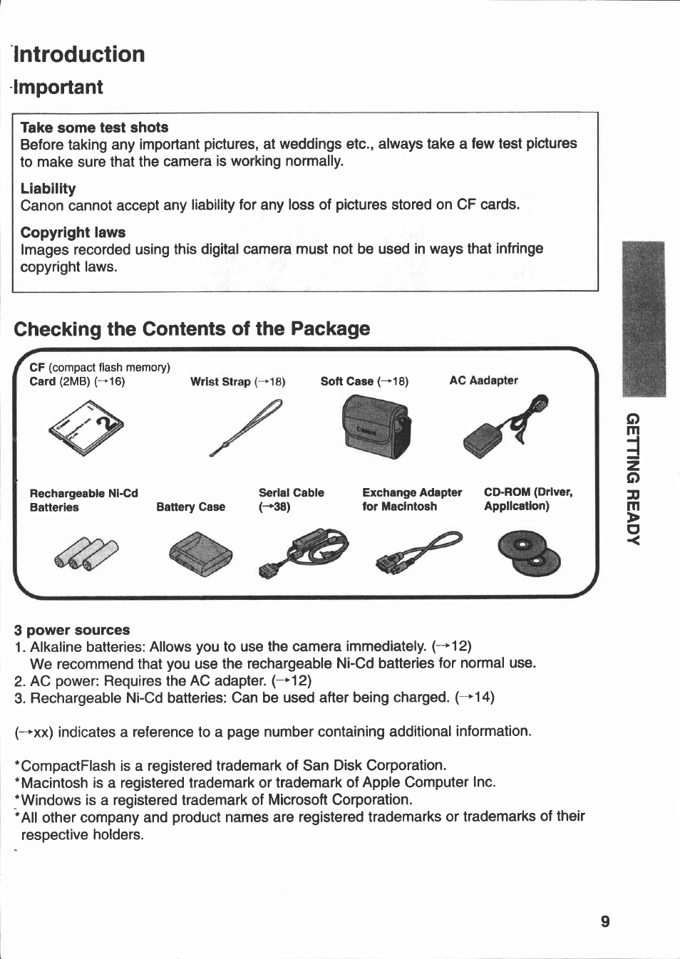 Important, Checking the contents of the package, Introduction | Canon PowerShot 350 User Manual | Page 9 / 52