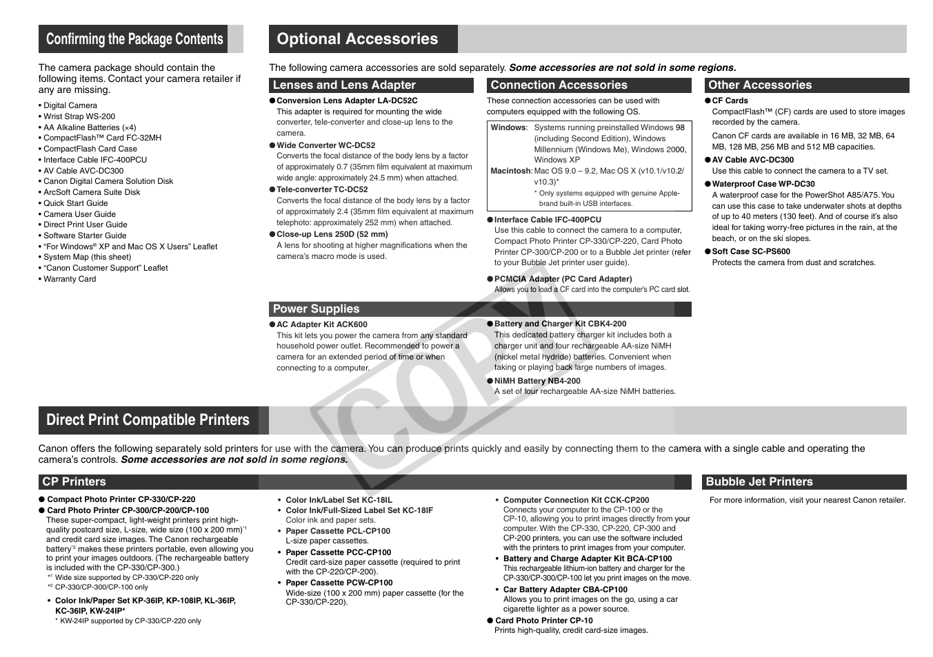 Confirming the package contents, Optional accessories, Direct print compatible printers | Lenses and lens adapter, Connection accessories, Other accessories, Cp printers, Bubble jet printers, Power supplies | Canon CDI-E138-010 User Manual | Page 2 / 2