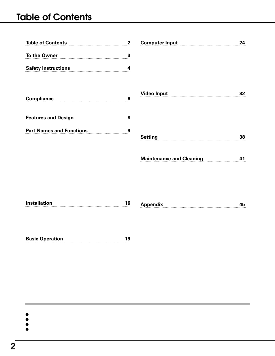 2table of contents | Canon LV-7215 User Manual | Page 2 / 56