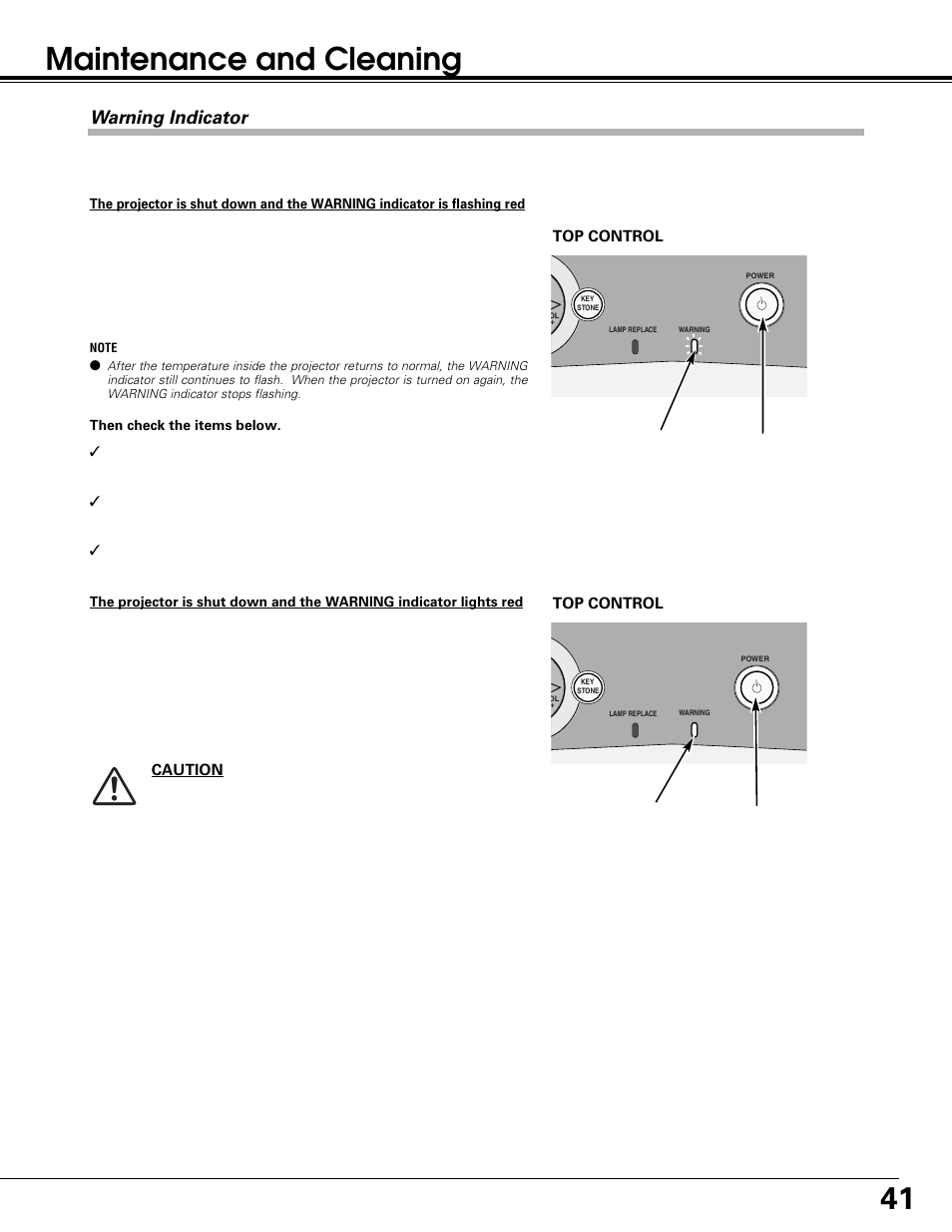 41 maintenance and cleaning, Warning indicator | Canon LV-7215 User Manual | Page 41 / 56