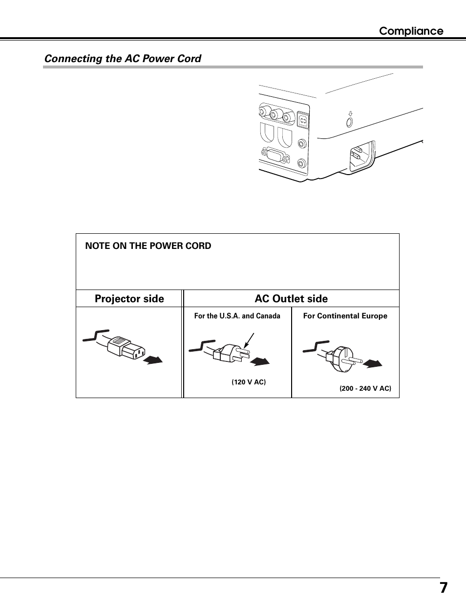 Compliance connecting the ac power cord, Projector side ac outlet side | Canon LV-7215 User Manual | Page 7 / 56