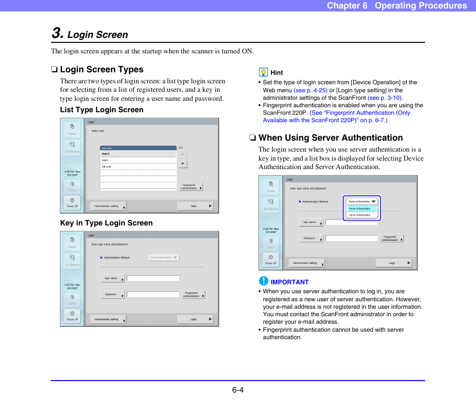 Login screen, Login screen types, When using server authentication | Login screen -4, See “login screen” on p. 6-4, Login screen” on p. 6-4.), See p. 6-4.) | Canon SCANFRONT 220 User Manual | Page 102 / 156