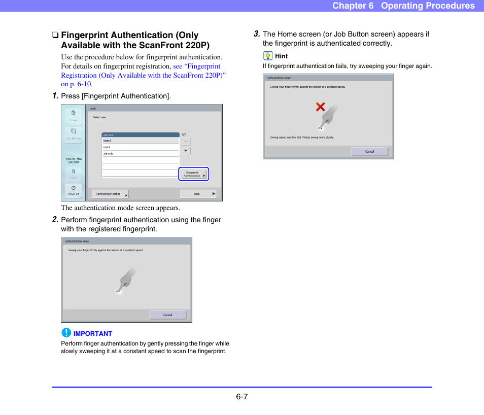 See “fingerprint authentication (only, Available with the scanfront 220p)” on p. 6-7.) | Canon SCANFRONT 220 User Manual | Page 105 / 156