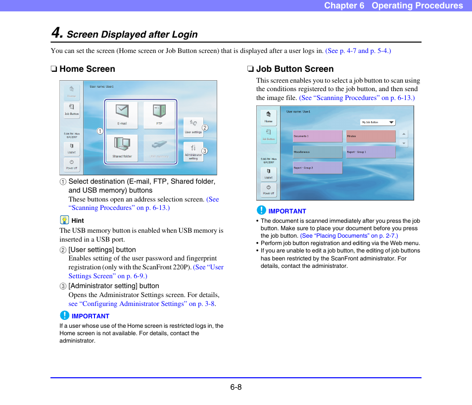 Screen displayed after login, Home screen, Job button screen | Screen displayed after login -8, Home screen -8 job button screen -8, See p. 6-8.) | Canon SCANFRONT 220 User Manual | Page 106 / 156