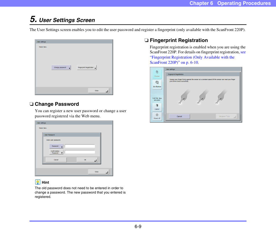 User settings screen, Change password, Fingerprint registration | User settings screen -9, Change password -9 fingerprint registration -9, See p. 6-9.), T 220p), See “user, Settings screen” on p. 6-9.) | Canon SCANFRONT 220 User Manual | Page 107 / 156