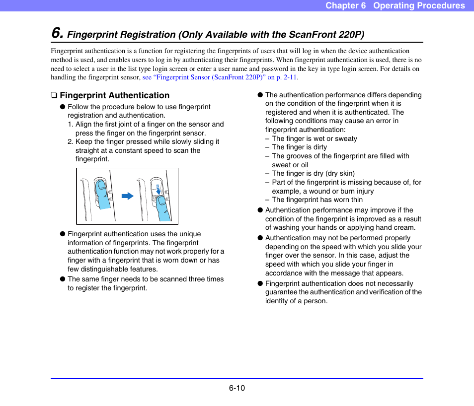 Fingerprint authentication, Fingerprint registration, Only available with the scanfront 220p) -10 | Fingerprint authentication -10, Fingerprint registration (only available, With the scanfront 220p) -10, See p. 6-10.), Registration | Canon SCANFRONT 220 User Manual | Page 108 / 156