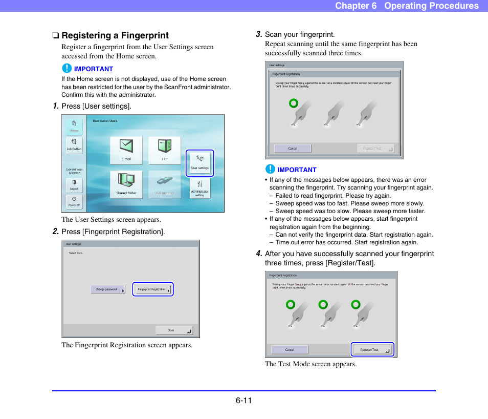 Registering a fingerprint, Registering a fingerprint -11 | Canon SCANFRONT 220 User Manual | Page 109 / 156