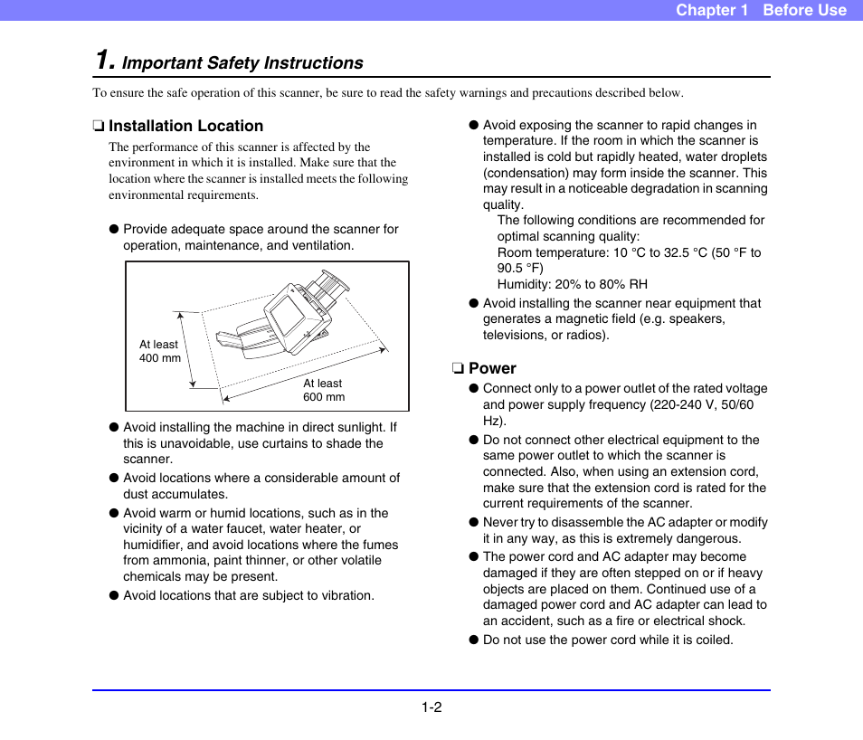 Important safety instructions, Installation location, Power | Important safety instructions -2, Installation location -2 power -2 | Canon SCANFRONT 220 User Manual | Page 11 / 156