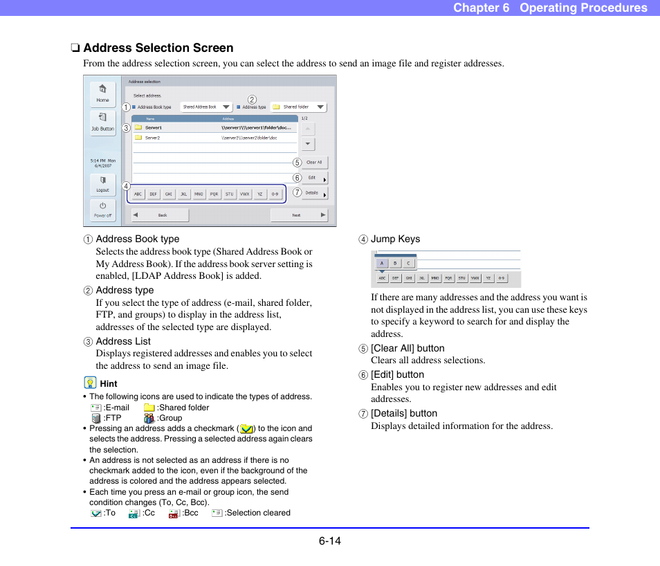 Address selection screen, Address selection screen -14, See p. 6-14.) | Canon SCANFRONT 220 User Manual | Page 112 / 156