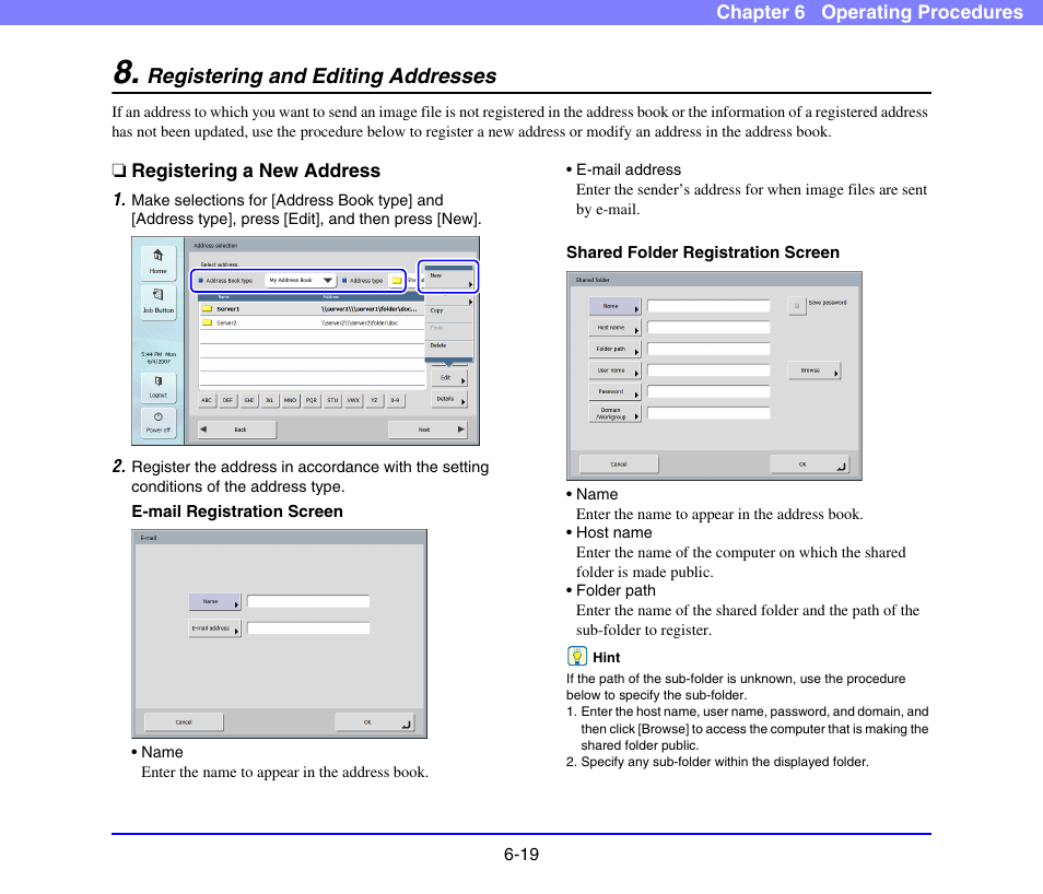 Registering and editing addresses, Registering a new address, Registering and editing addresses -19 | Registering a new address -19 | Canon SCANFRONT 220 User Manual | Page 117 / 156