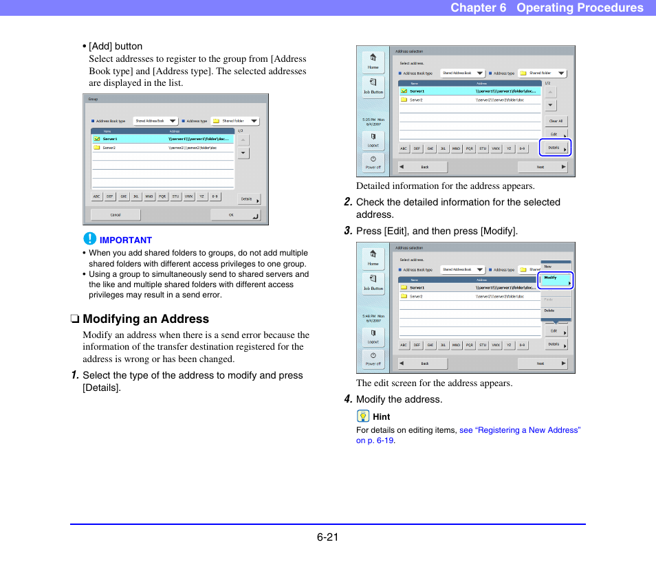 Modifying an address, Modifying an address -21 | Canon SCANFRONT 220 User Manual | Page 119 / 156