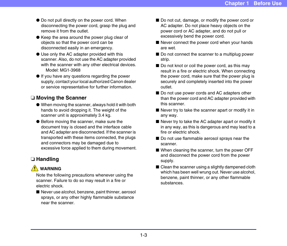 Moving the scanner, Handling, Moving the scanner -3 handling -3 | Canon SCANFRONT 220 User Manual | Page 12 / 156