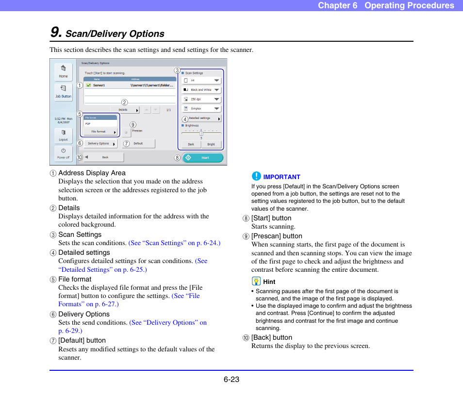 Scan/delivery options, Scan/delivery options -23, See p. 6-23.) | See “scan/delivery, Options” on p. 6-23.) | Canon SCANFRONT 220 User Manual | Page 121 / 156