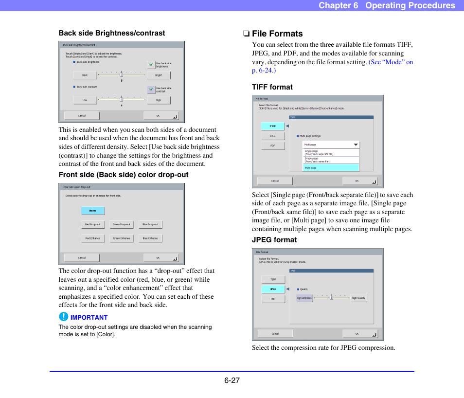File formats, File formats -27, See “file | Formats” on p. 6-27.) | Canon SCANFRONT 220 User Manual | Page 125 / 156