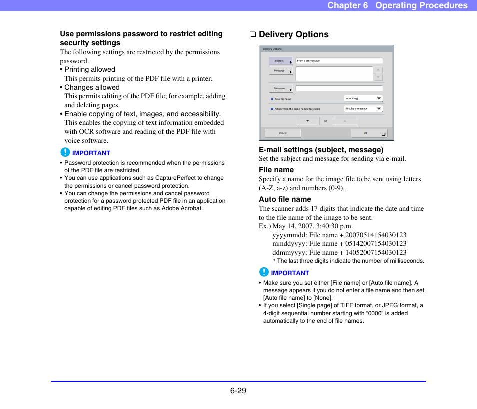 Delivery options, Delivery options -29, See p. 6-29.) | See “delivery options” on, P. 6-29.), Chapter 6 operating procedures | Canon SCANFRONT 220 User Manual | Page 127 / 156