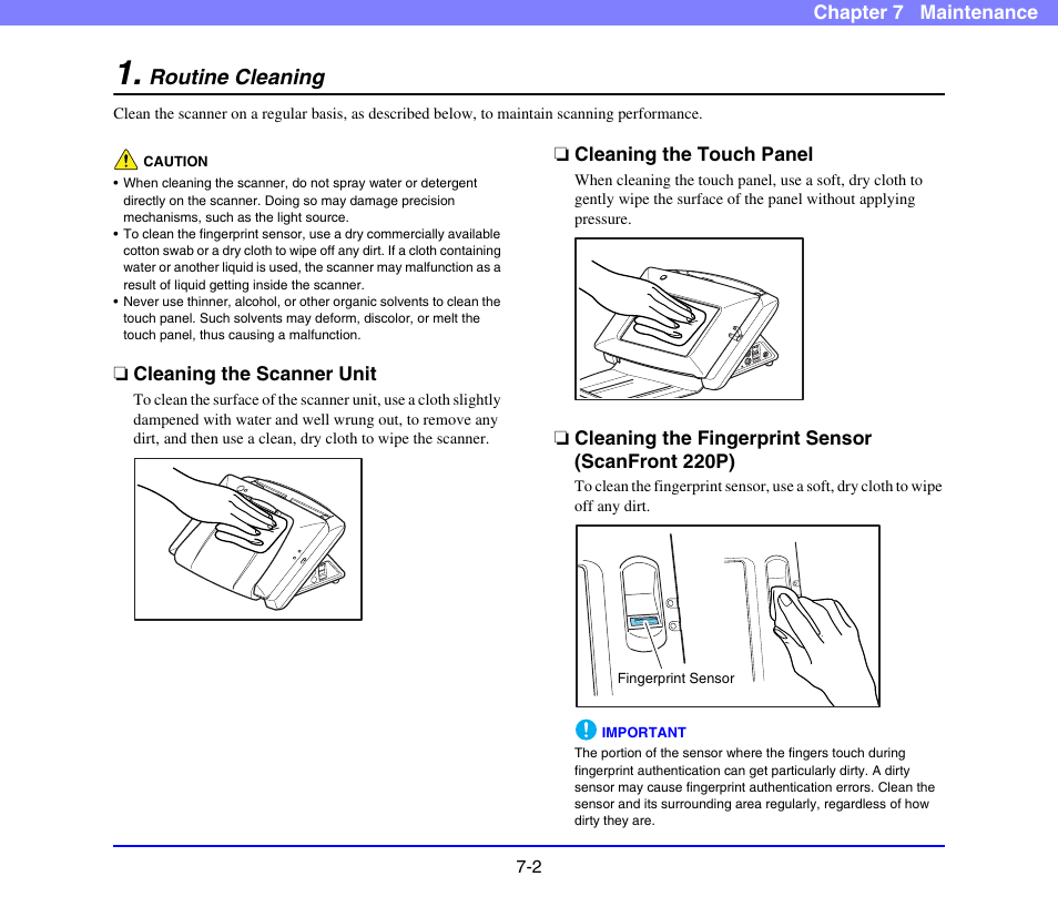 Routine cleaning, Cleaning the scanner unit, Cleaning the touch panel | Cleaning the fingerprint sensor (scanfront 220p), Routine cleaning -2 | Canon SCANFRONT 220 User Manual | Page 130 / 156