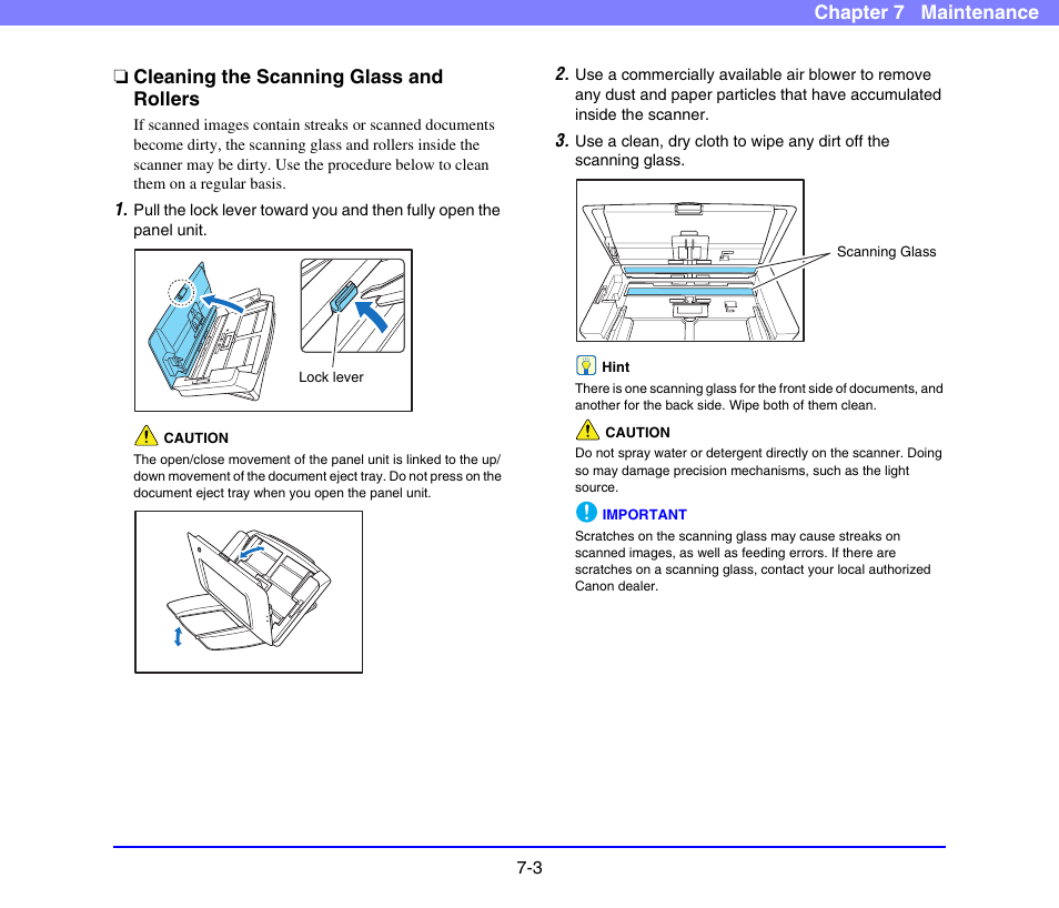 Cleaning the scanning glass and rollers, Cleaning the scanning glass and rollers -3 | Canon SCANFRONT 220 User Manual | Page 131 / 156