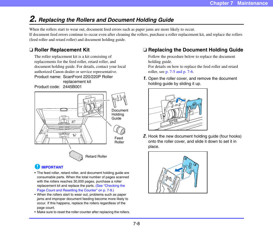 Replacing the rollers and document holding guide, Roller replacement kit, Replacing the document holding guide | Replacing the rollers and, Document holding guide -8, Tails, Replacing the rollers and document holding, Guide -8 | Canon SCANFRONT 220 User Manual | Page 136 / 156