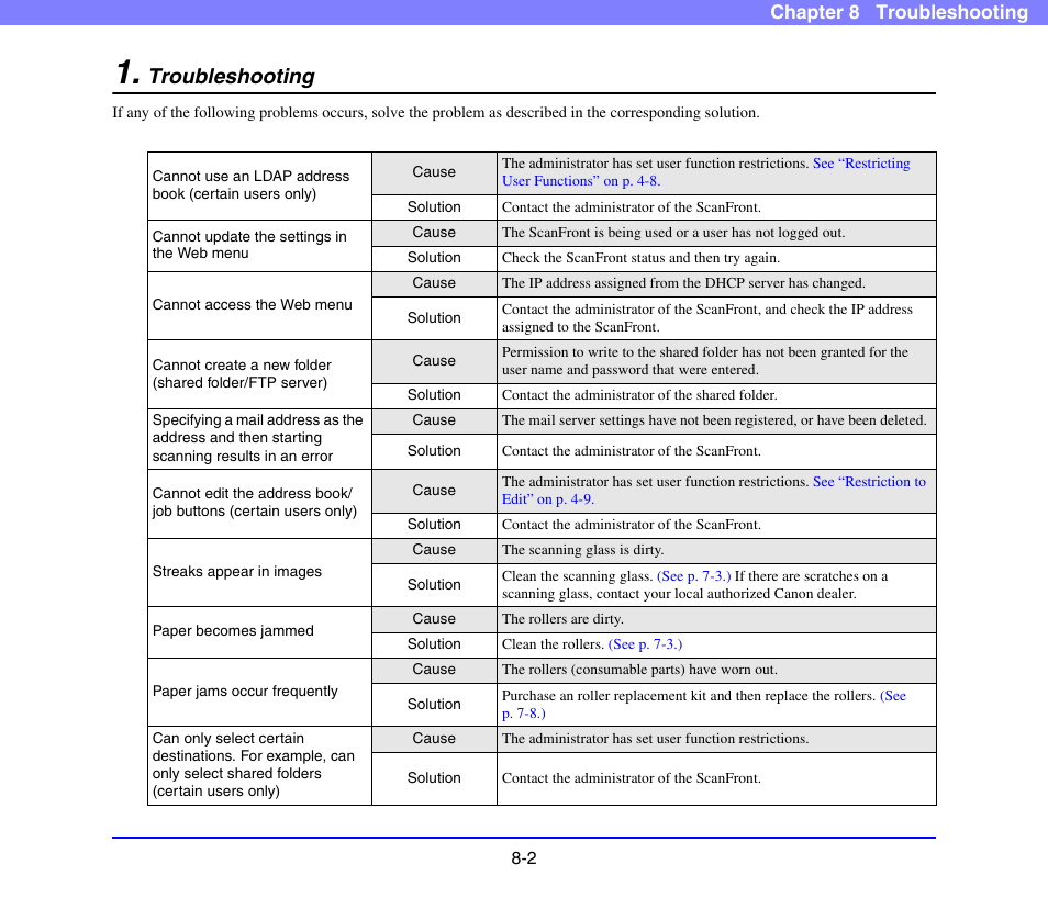 Troubleshooting, Troubleshooting -2, Chapter 8 troubleshooting | Canon SCANFRONT 220 User Manual | Page 139 / 156