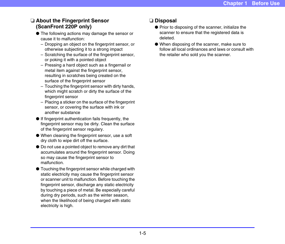 About the fingerprint sensor (scanfront 220p only), Disposal | Canon SCANFRONT 220 User Manual | Page 14 / 156