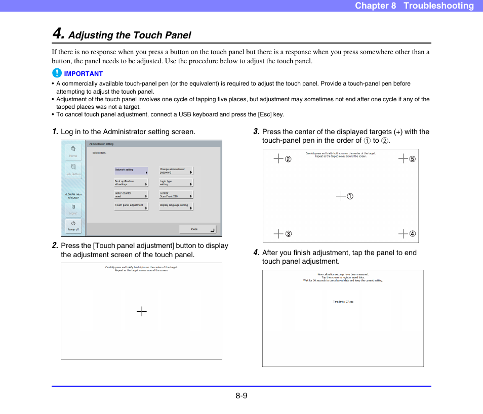 Adjusting the touch panel, Adjusting the touch panel -9, See “adjusting the touch panel” on | P. 8-9 | Canon SCANFRONT 220 User Manual | Page 146 / 156