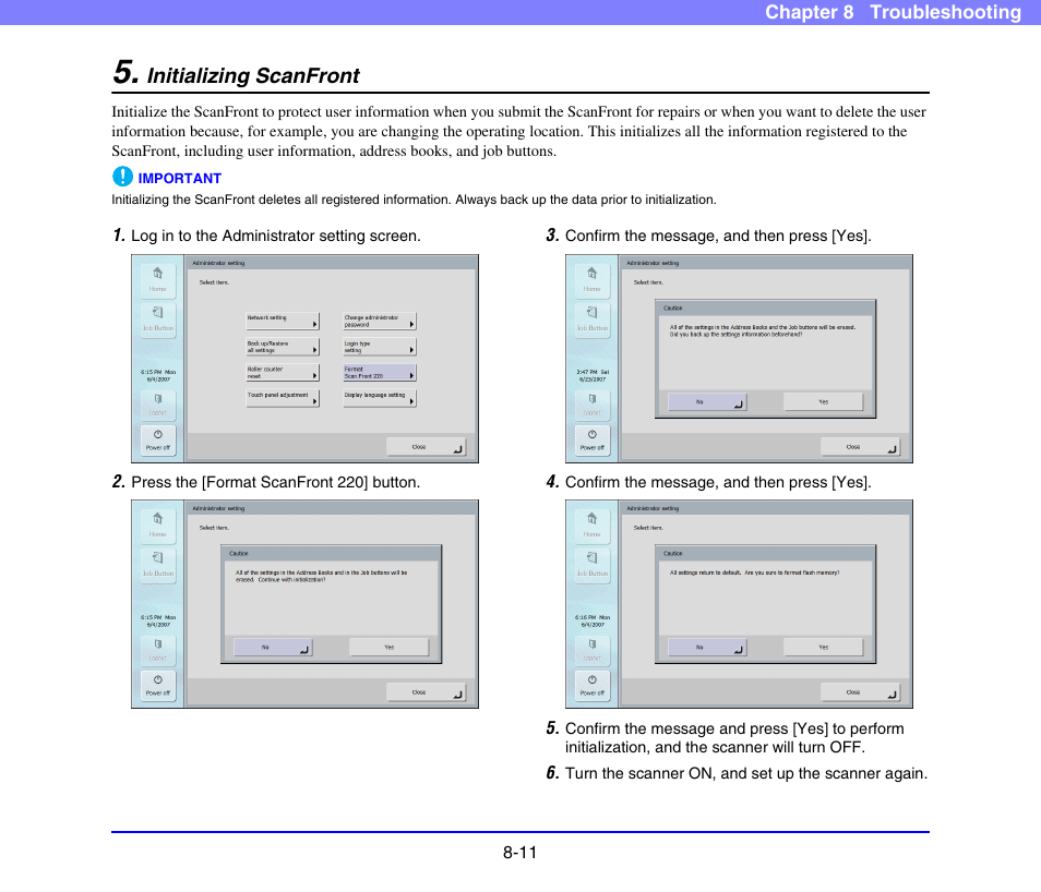 Initializing scanfront, Initializing scanfront -11, See “initializing | Scanfront” on p. 8-11.), See “initializing scanfront” on p. 8-11 | Canon SCANFRONT 220 User Manual | Page 148 / 156