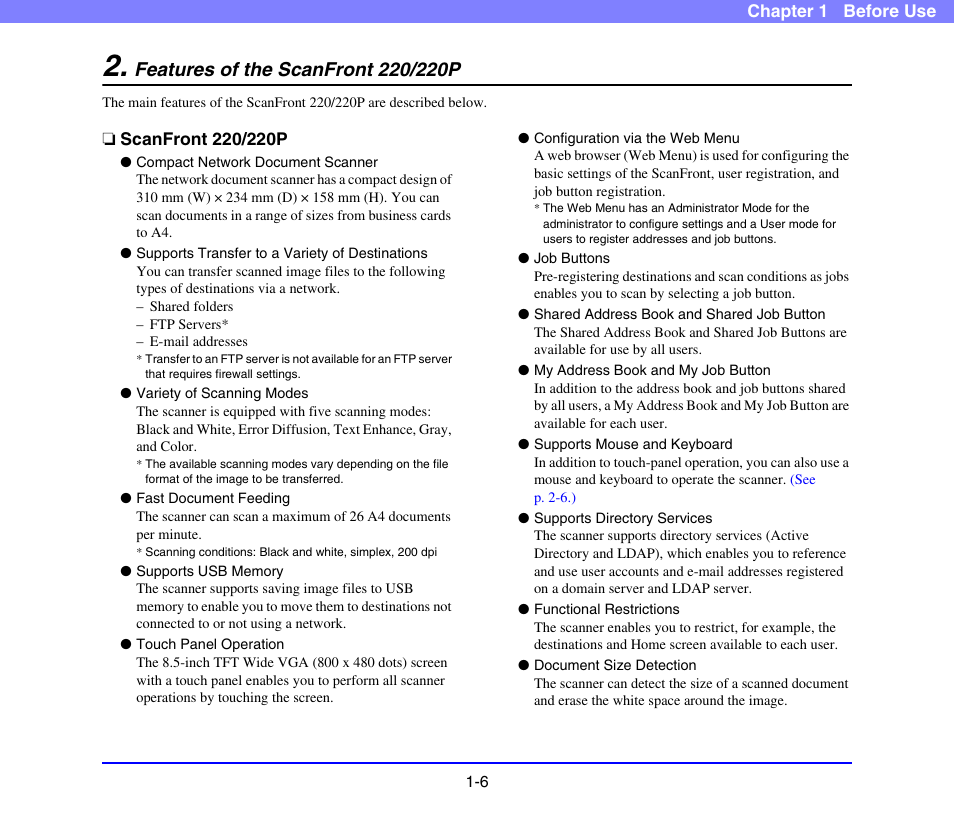 Features of the scanfront 220/220p, Scanfront 220/220p, Features of the scanfront 220/220p -6 | Scanfront 220/220p -6 | Canon SCANFRONT 220 User Manual | Page 15 / 156