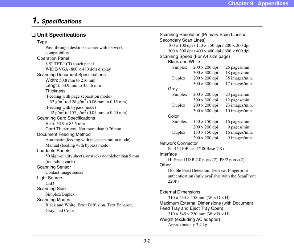 Specifications, Unit specifications, Specifications -2 | Unit specifications -2 | Canon SCANFRONT 220 User Manual | Page 150 / 156